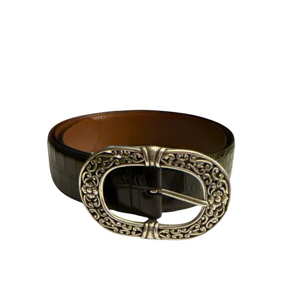 Womens Belt Black Faux Alligator Croc Leather Oval Silver Scroll Buckle XL 33-37 - Picture 3 of 8